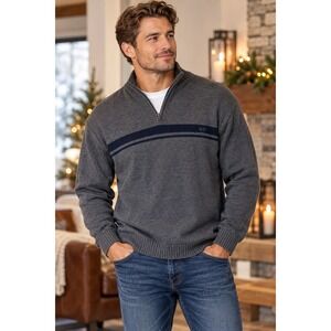 Chaps Quarter Zip Sweater Mens XL Gray Navy Stripe Mock Neck Pullover Preppy